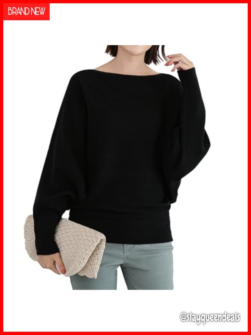 Women's Batwing Long Sleeve Pullover Sweater Boat Neck Ribbed Dolman Sleeve